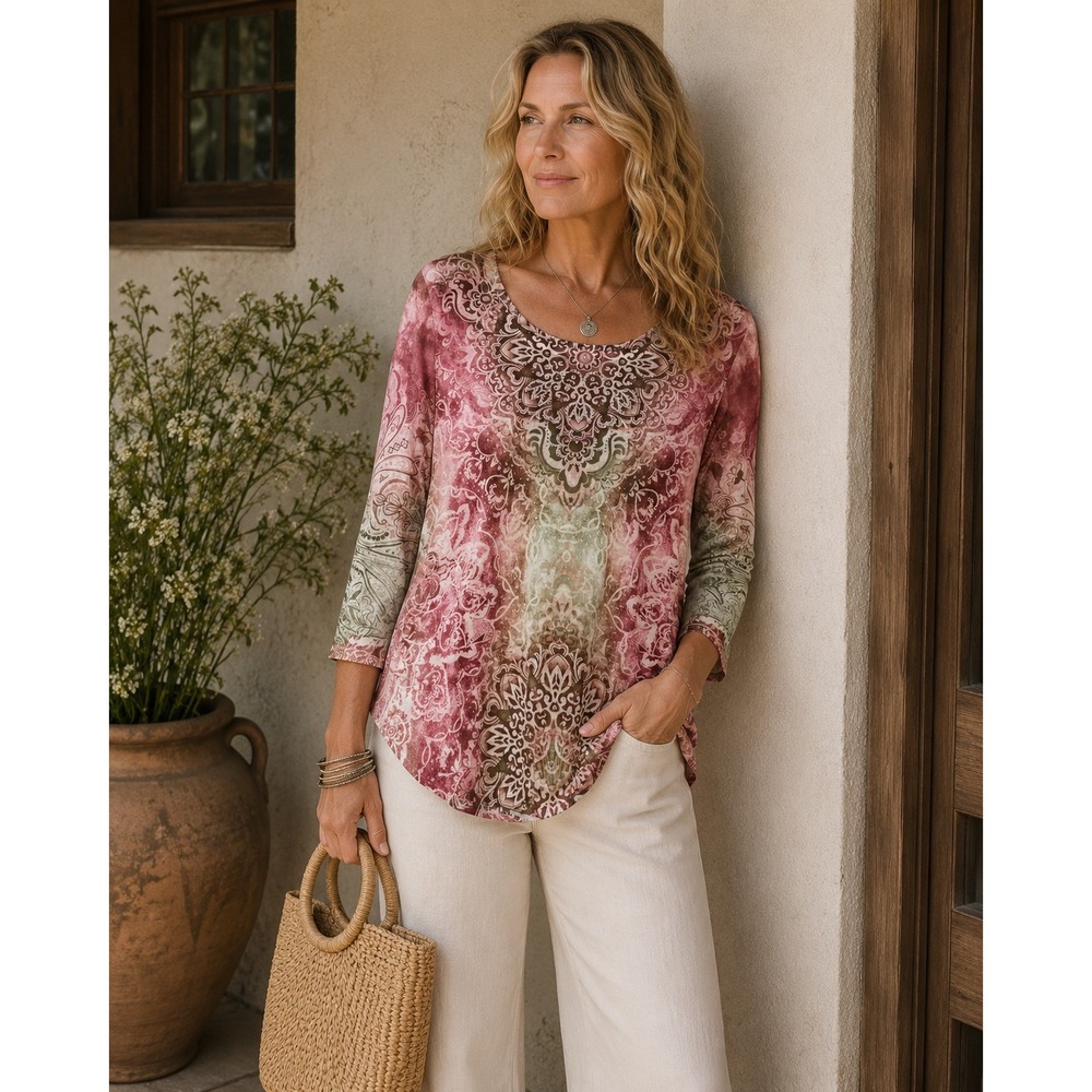 World Unity‎ Pink Paisley Medallion Rhinestone 3/4 Sleeve Boho Top Large